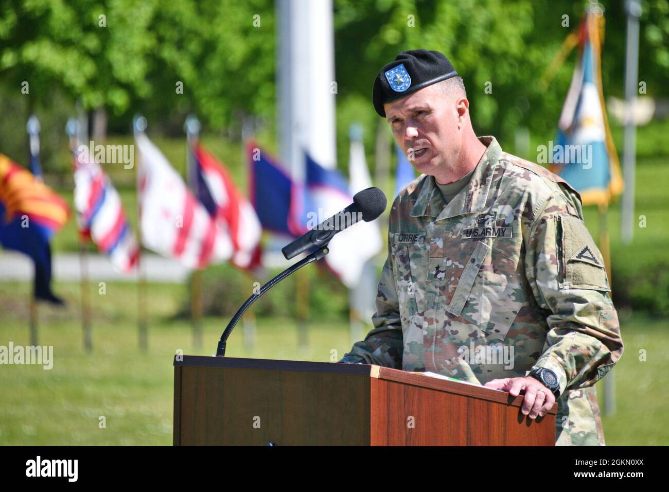 The 7th Army Training Command outgoing commander U.S. Army Brig. Gen. Christopher R. Norrie delivers a speech during the 7th ATC change of command ceremony at Tower Barracks in Grafenwoehr, Germany, June 2, 2021. Stock Photo