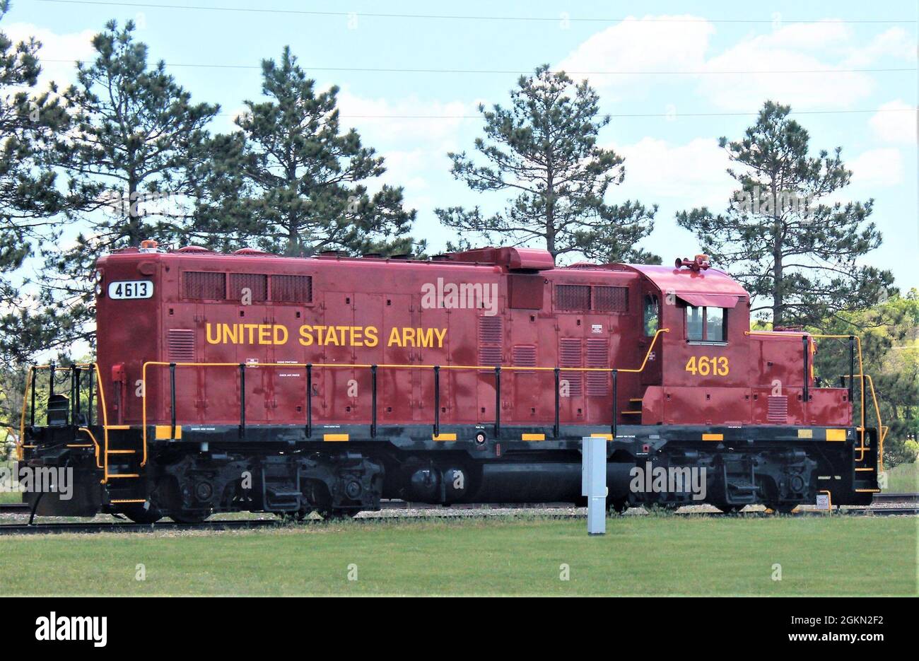 A U.S. Army locomotive used as part of rail operations is shown June 2, 2021, at Fort McCoy, Wis. For the many decades of Fort McCoy’s existence, the capability to transport cargo and equipment to and from the installation by rail has always been there. During World War II, for example, the railroad at Fort McCoy was one of the main forms of transportation for bringing troops in for training and home after the war as well as moving cargo and equipment in and out of the installation. And as rail operations continue in the future at the installation, Fort McCoy's Transportation Officer D.J. Eckl Stock Photo