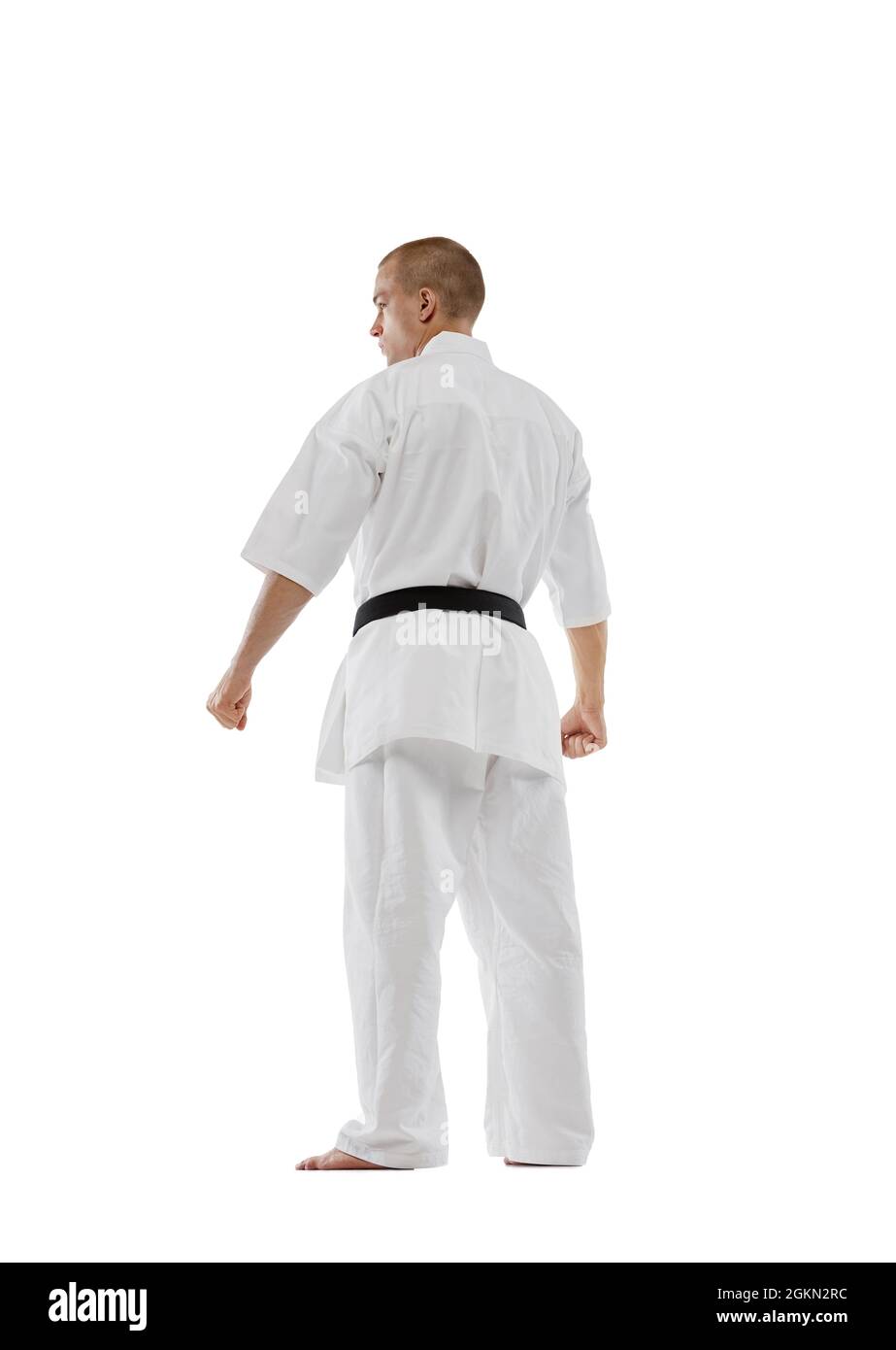 Back view portrait of professional karateka in kimono with black belth  isolated over white background. Karate, judo, taekwondo sport Stock Photo -  Alamy