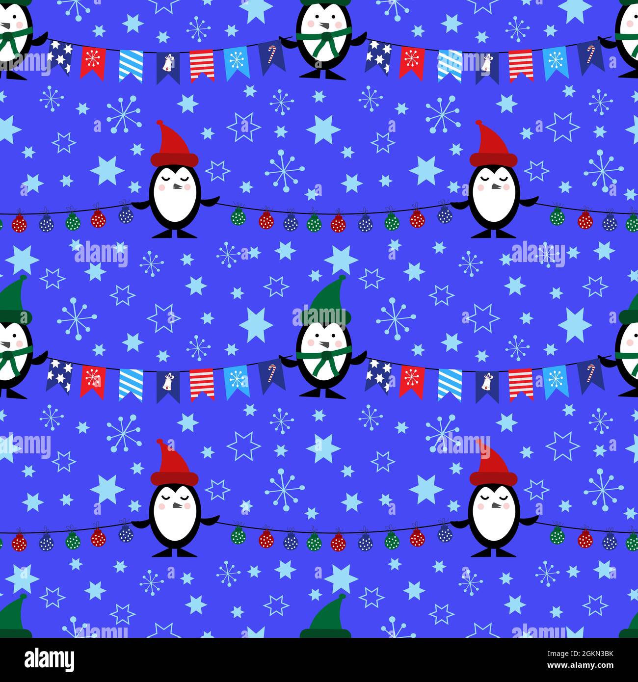Pattern with penguins, Christmas balls and flags. Vector illustration.  Stock Vector