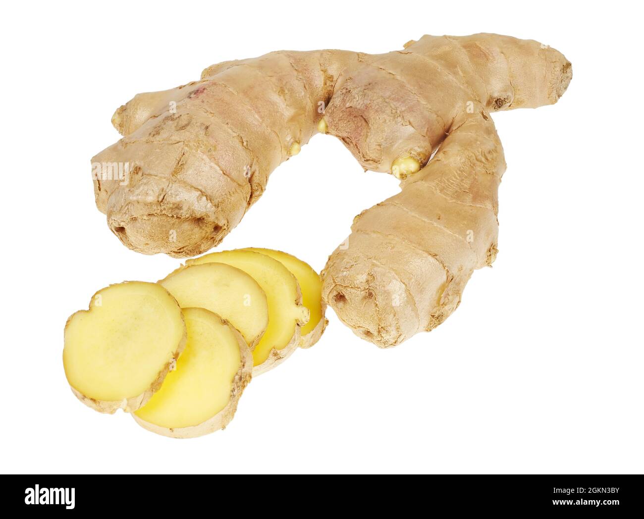 Ginger root and slices of ginger root, isolated on white background Stock Photo
