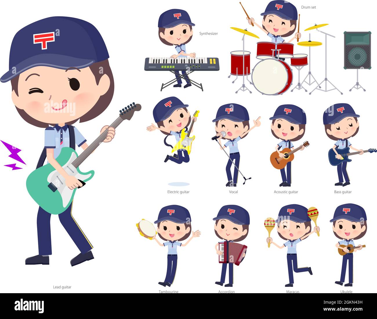 A set of  postwomen playing rock 'n' roll and pop music.It's vector art so easy to edit. Stock Vector