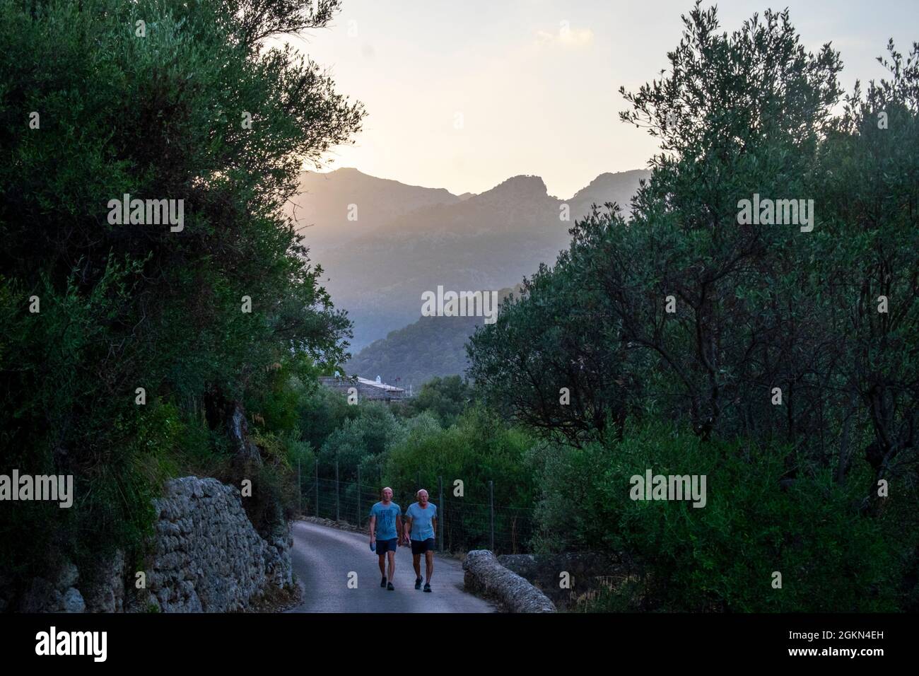 Two men walk on a country road in the Serra de Tramuntana outside Selva, Mallorca, Spain Stock Photo