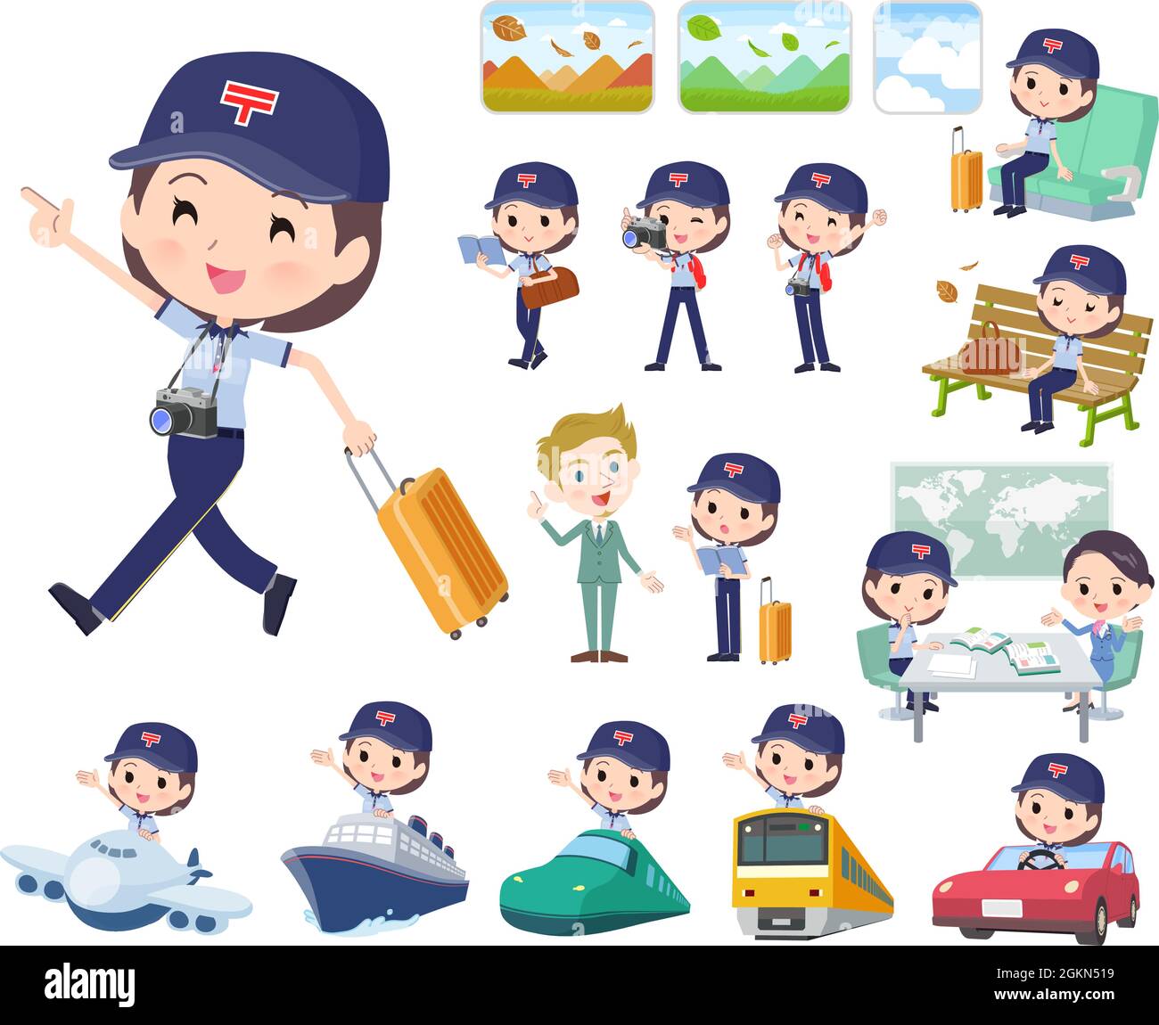 A set of  postwomen on travel.It's vector art so easy to edit. Stock Vector