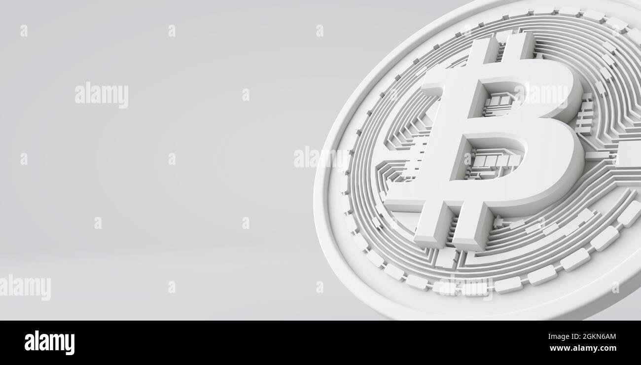 A white bitcoin cryptocurrency coin against a grey background. 3D Rendering Stock Photo