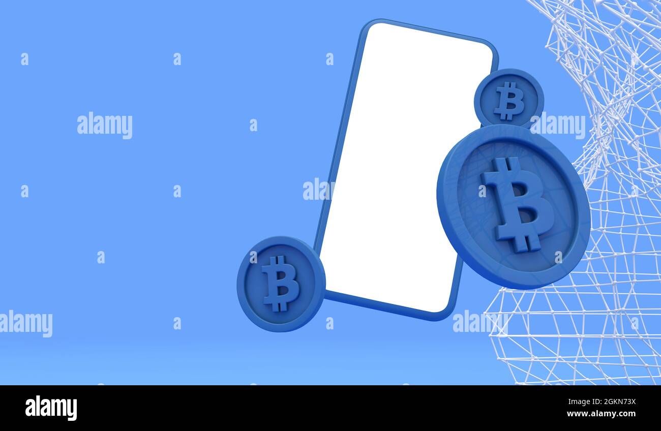 Bitcoin online trading wallet. Smartphone with blank screen and blue coins  with blockchain grid. 3D Render Stock Photo - Alamy