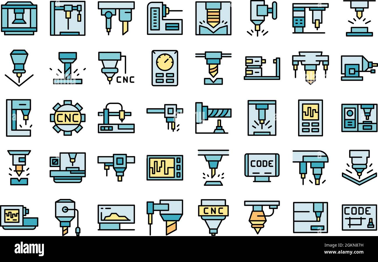 Cnc machine icons set outline vector. Mill controller. Industrial tool ...