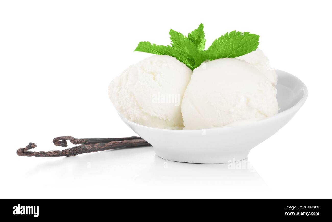 Bowl with delicious vanilla ice cream on white background Stock Photo ...