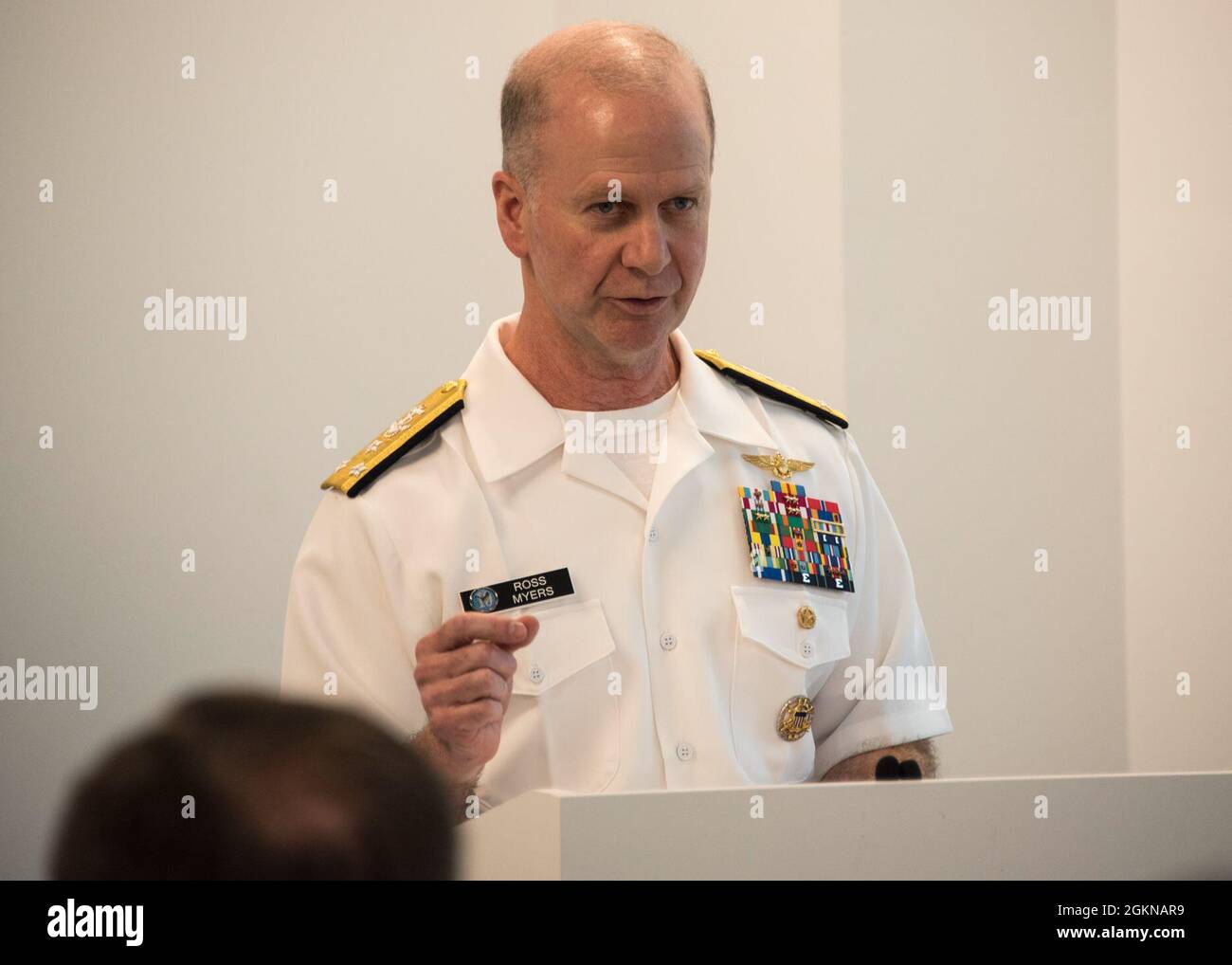210604-N-XK809-0098 FORT GEORGE G. MEADE, Md. (June 04, 2021) Vice Adm. Ross Myers, Commander, Fleet Cyber Command/Commander, TENTH Fleet speaks during the 79th Battle of Midway Commemoration held by CWG-6. This is the first event held in person since the COVID-19 pandemic began. CWG-6 delivers information warfare capabilities to the U.S. Navy to conduct signals intelligence and cyberspace operations for naval and joint forces. Stock Photo