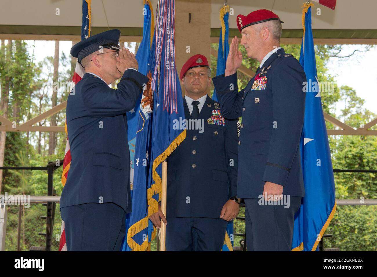 U.S. Air Force Col. Matthew Allen, right, renders his final salute as commander of the 24th Special Operations Wing to U.S. Air Force Lt. Gen. Jim Slife, commander of Air Force Special Operations Command, during a change of command ceremony at Hurlburt Field, Florida, June 4, 2021. Allen commanded the 24th SOW for two years, enabling and providing Special Tactics forces for rapid global employment to enable airpower success. Stock Photo