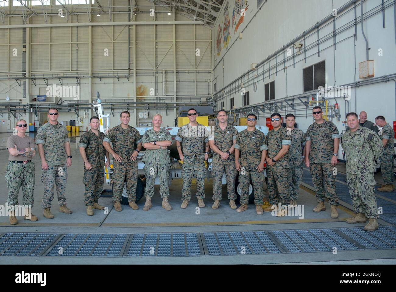 210604-N-SR472-0004 KADENA AIR BASE, Japan (June 4, 2021)  Patrol Squadron (VP) 45 Aviation Ordnancemen and Marines from III Marine Expeditionary Force (MEF) Explosive Ordnance Disposal (EOD) team pose for a photo during a training exercise on Kadena Air base, June 4. The training was organized to familiarize the EOD personnel with the P8-A Poseidon weapons system, as well as promote interoperability between forces. Stock Photo