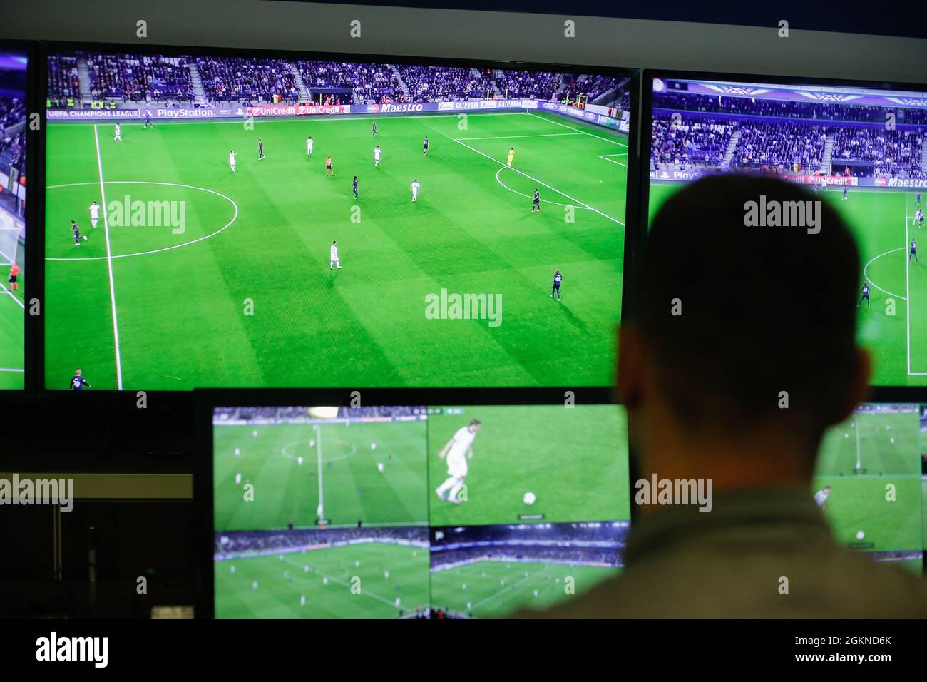 Bucharest, Romania - September 15, 2021: A referee is showing to the press how the video assistant referee (VAR) system works. Stock Photo