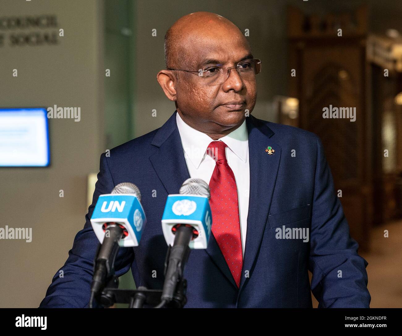 New York, United States. 14th Sep, 2021. Abdulla Shahid conducts press conference after elected as President of 76th General Assembly at UN Headquarters. Abdulla Shahid is currently Minister of Foreign Affairs for the Maldives and was elected as President of 76th session of General Assembly on September 14, 2021. (Photo by Lev Radin/Pacific Press) Credit: Pacific Press Media Production Corp./Alamy Live News Stock Photo