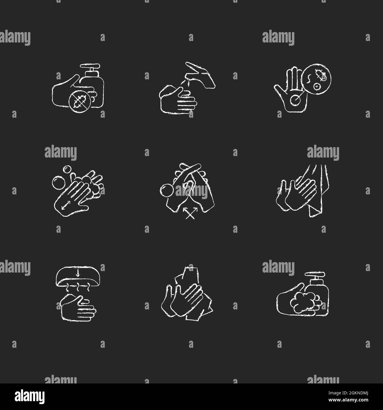 Hand washing steps chalk white icons set on dark background Stock ...