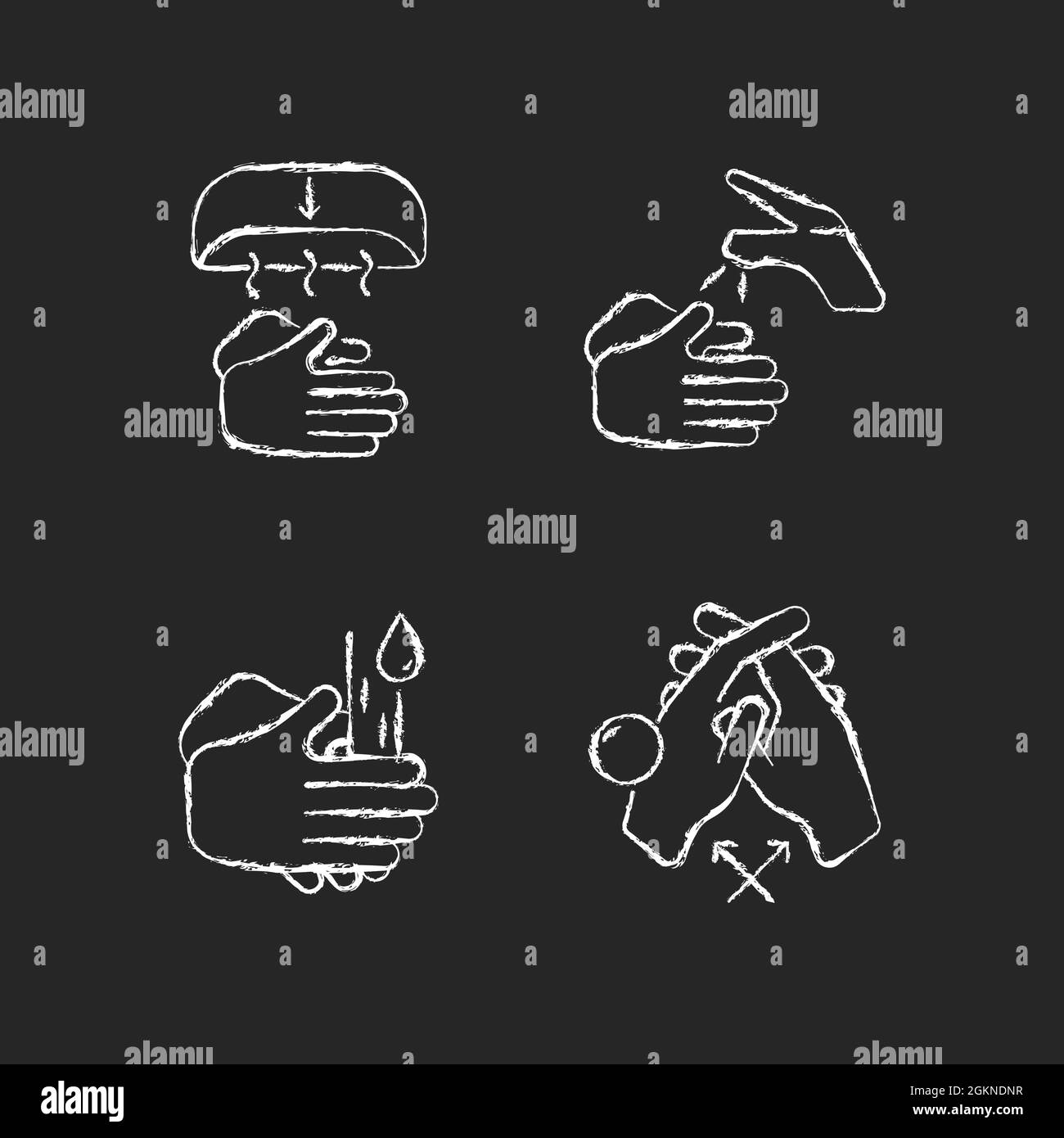 Proper handwashing chalk white icons set on dark background Stock Vector