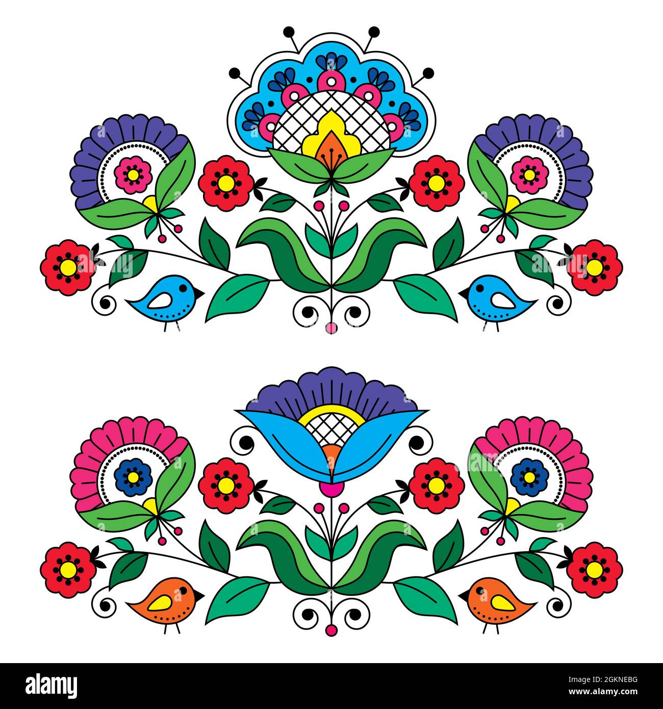 Swedish floral folk art vector greeting card design elements inspired by traditional Scandinavian embroidery patterns Stock Vector