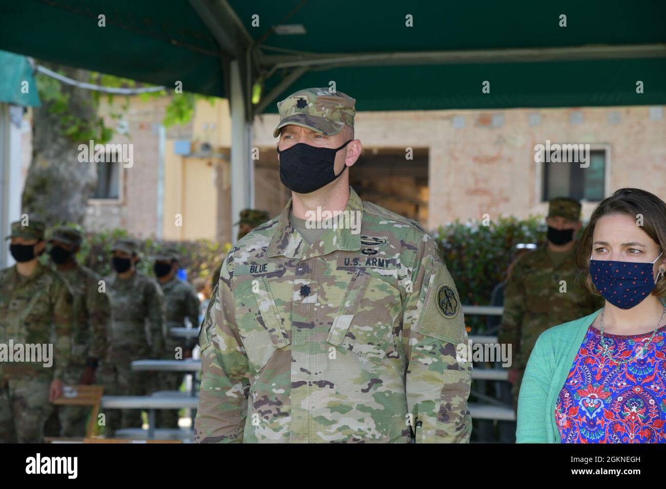 Lt. Col. James M. Blue, the commander 307th Military Intelligence Battalion, stands during a change of command ceremony for the 307th Military Intelligence Battalion at Caserma Ederle in Vicenza, Italy, June 4, 2021. Stock Photo