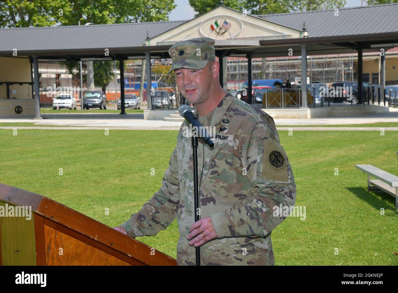 Lt. Col. Jesse G. Chace, the outgoing commander of the 307th Military Intelligence Battalion, provides remarks during a change of command ceremony for the 307th Military Intelligence Battalion at Caserma Ederle in Vicenza, Italy, June 4, 2021. Stock Photo