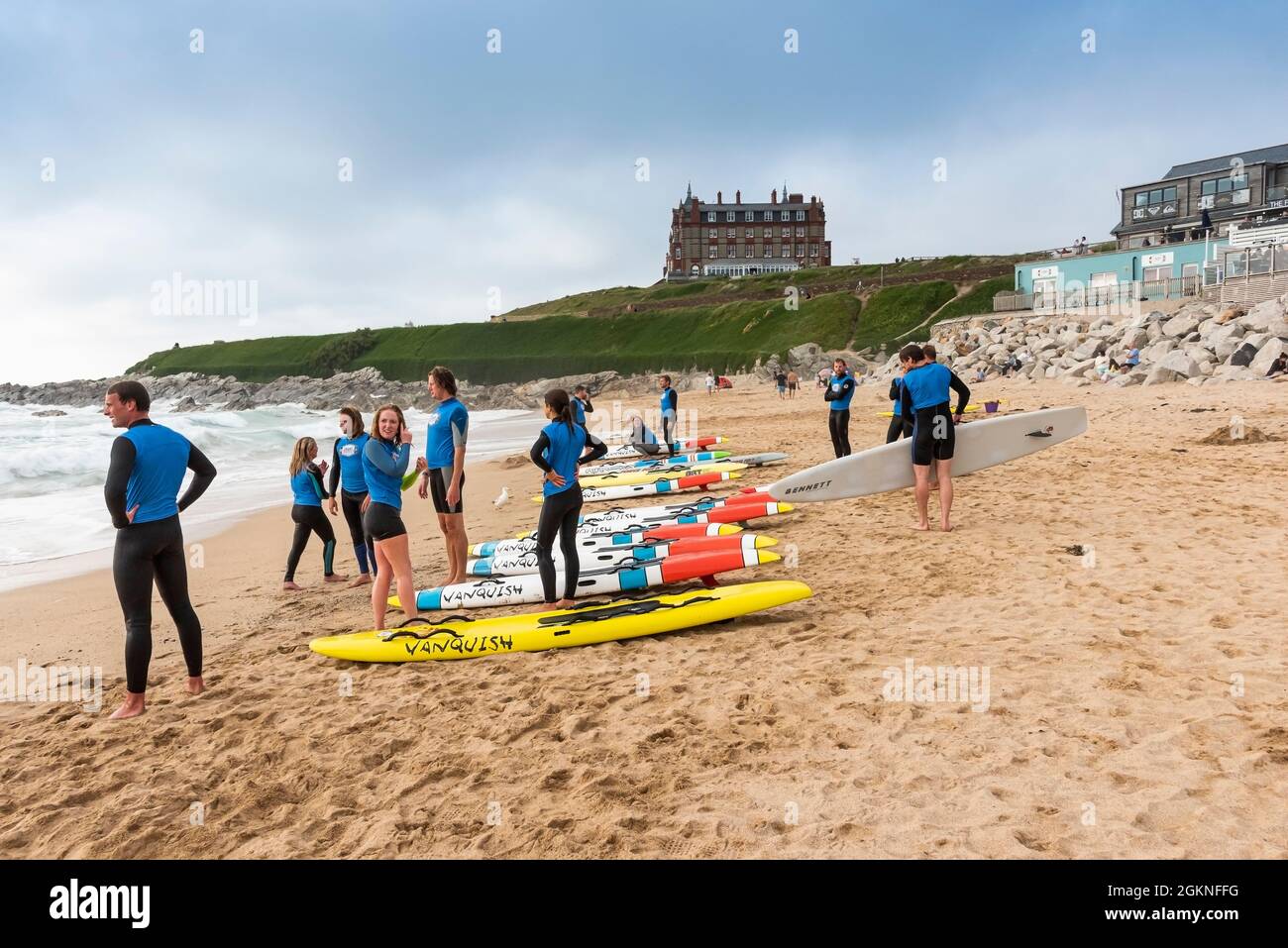 Members of Newquay Surf Lifesaving Club at a training session on Fistral Beach in Newquay in Cornwall. Stock Photo