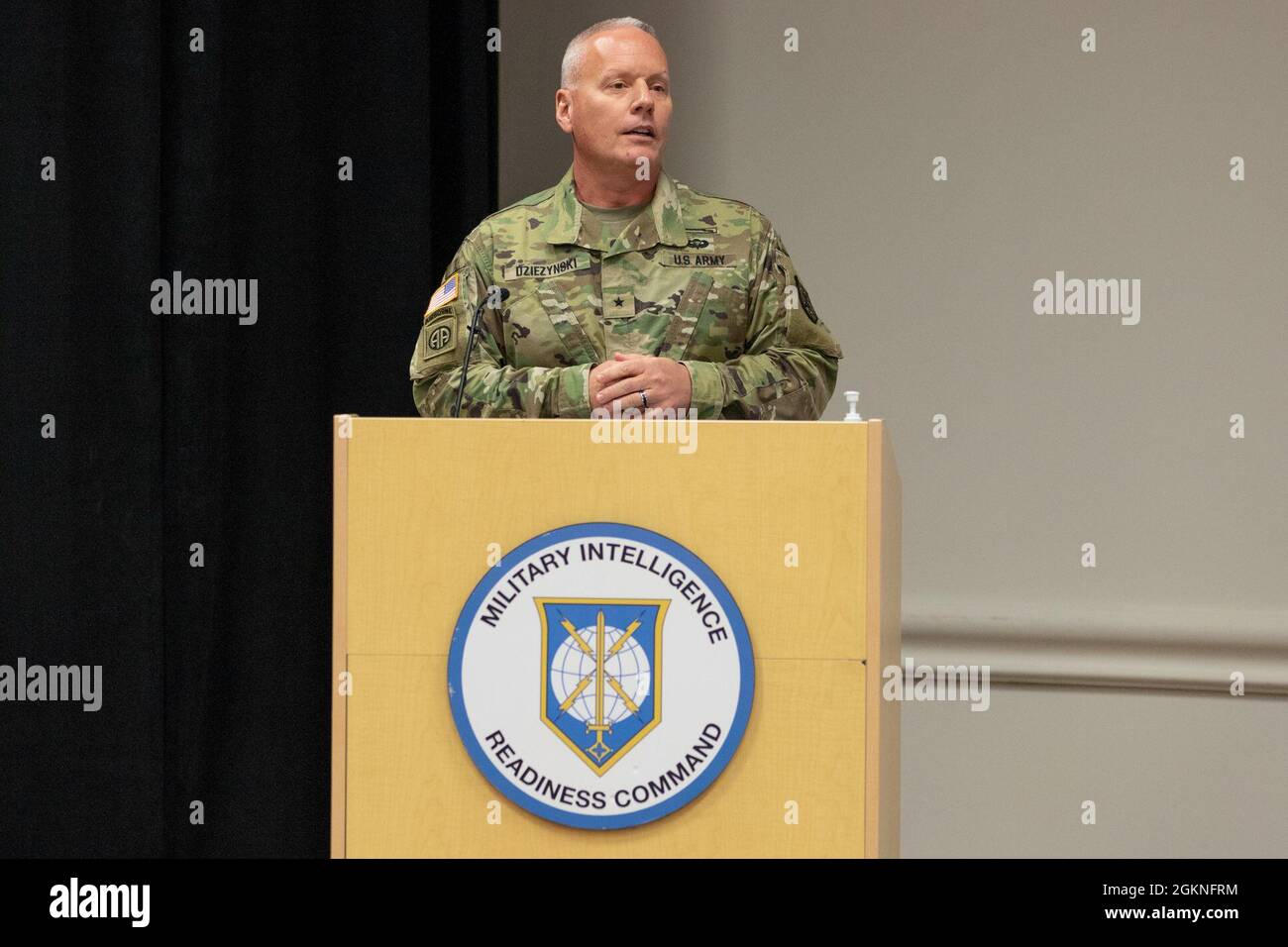 Military Intelligence Readiness Command (MIRC) Commanding General Brig. Gen. Joseph Dziezynski gives his remarks during the MIRC's assumption of command ceremony, Fort Belvoir, Virginia, June 5, 2021. Stock Photo