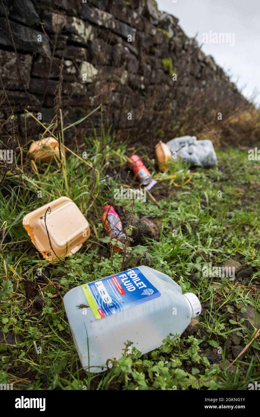 Litter on rural roadside, Northumberland national park, Northumberland ...
