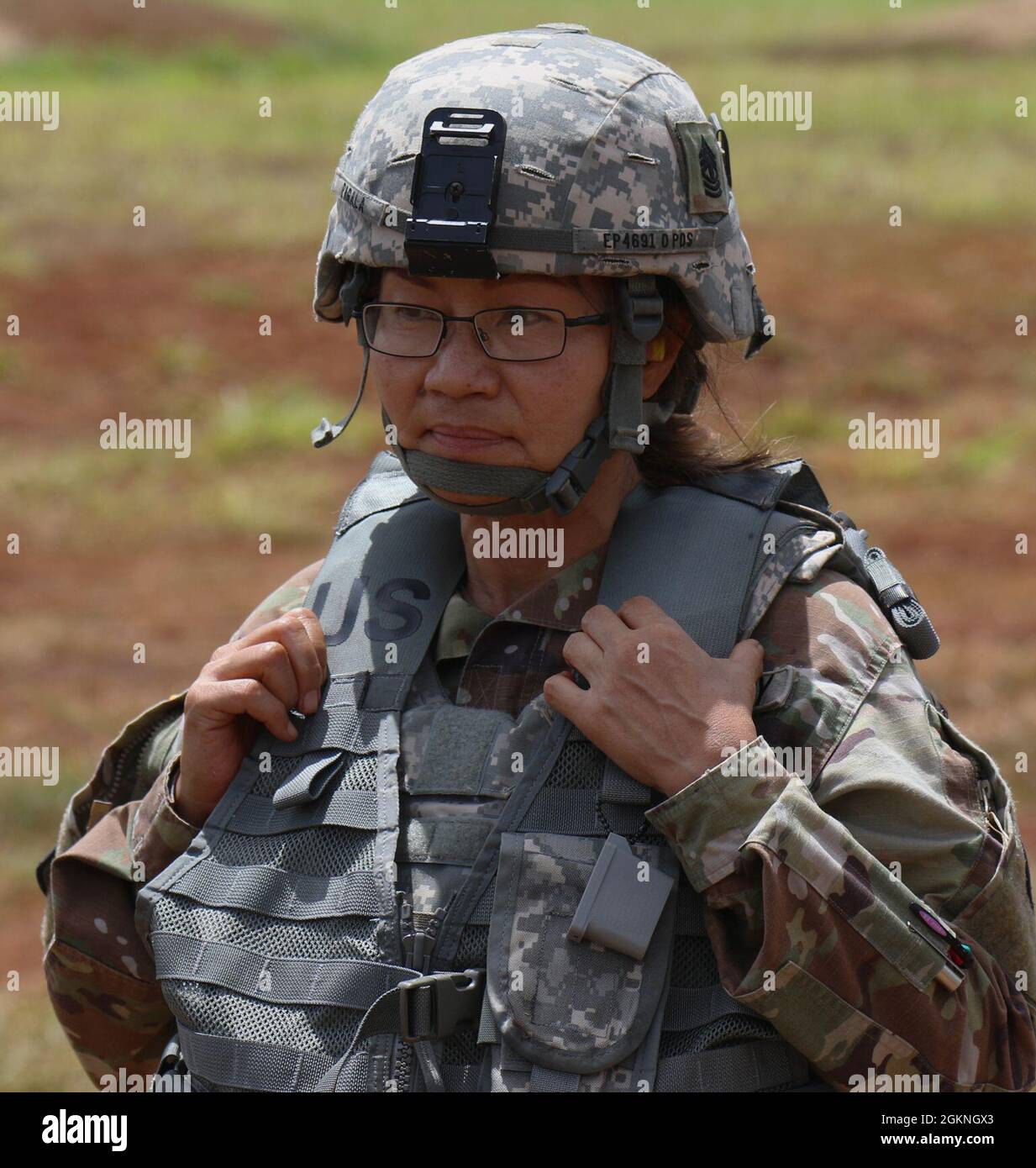 Hawaii Army National Guard Soldier, 1st Sgt. Edy J. Gallegos with the 117th Mobile Public Affairs Detachment prepares for range operations, Schofield Barracks, Hawaii, June 5, 2021. Stock Photo