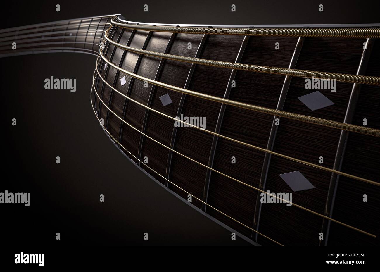 A surreal concept of a wavey shaped closeup of a dark wooden guitar ...