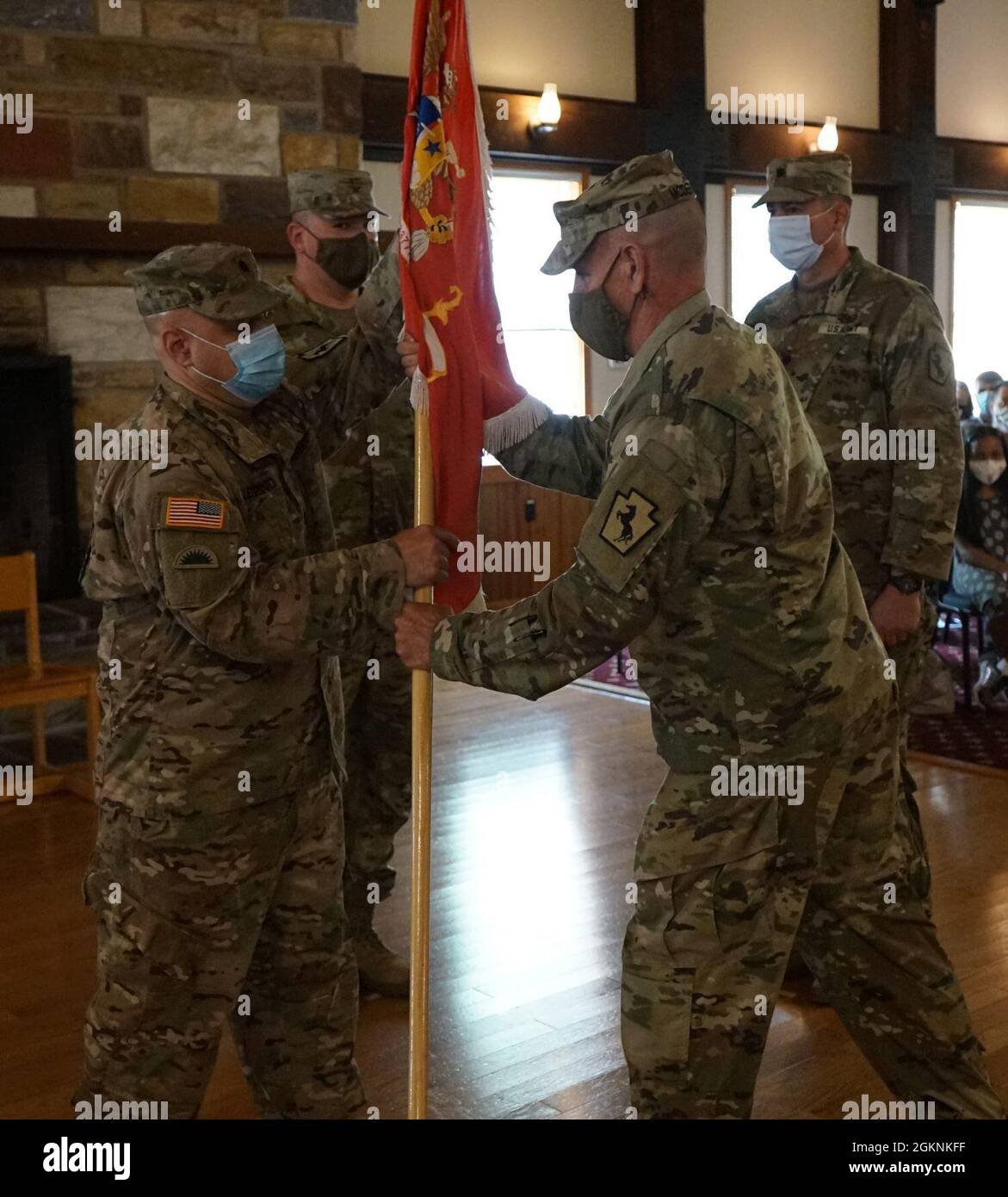 (Left to Right)  Lt. Col. Pasquale Pellegrino, Jr., outgoing commander of the 337th Engineer Battalion, receives the colors from Command Sgt. Maj. Brian Mcdermott, command sergeant major for the 337th EN BN, during the passing of the colors portion of the change of command ceremony on June 6 at Fort Indiantown Gap, Pa. Stock Photo