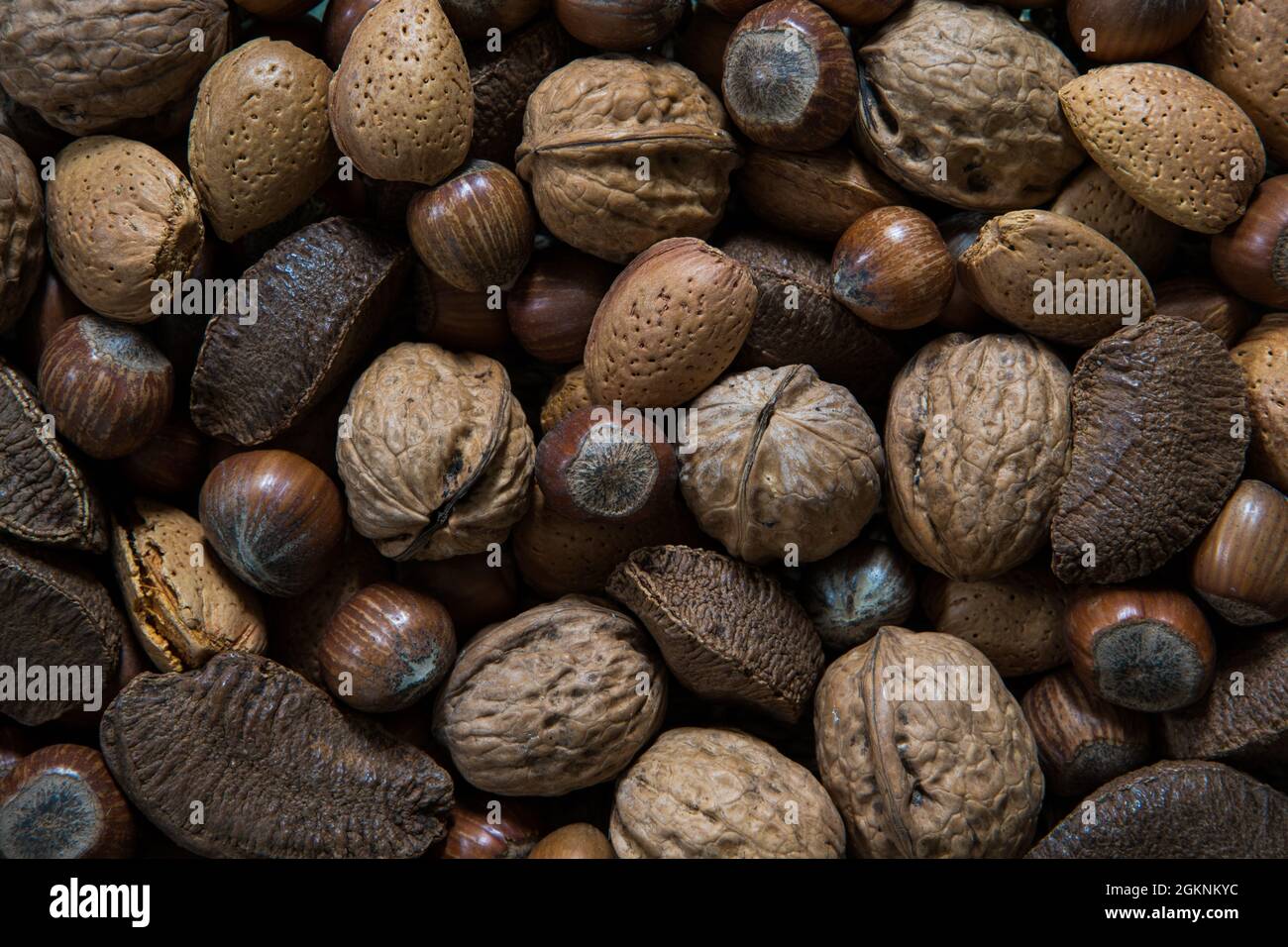 Mixed nut background. Healthy snack foods. Walnut, hazlenut, almonds and brazil nuts Stock Photo