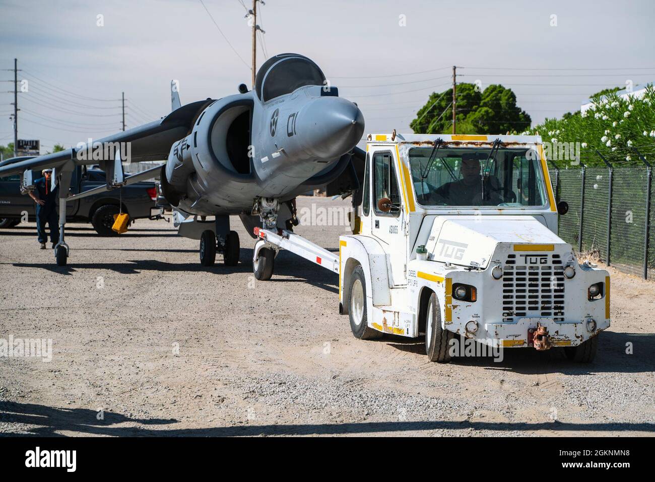 An AV-8B Harrier jet is transported across Marine Corps Air Station Yuma, June 7, 2021. The Harrier is now a static display near the entrance of the Air Station. Stock Photo