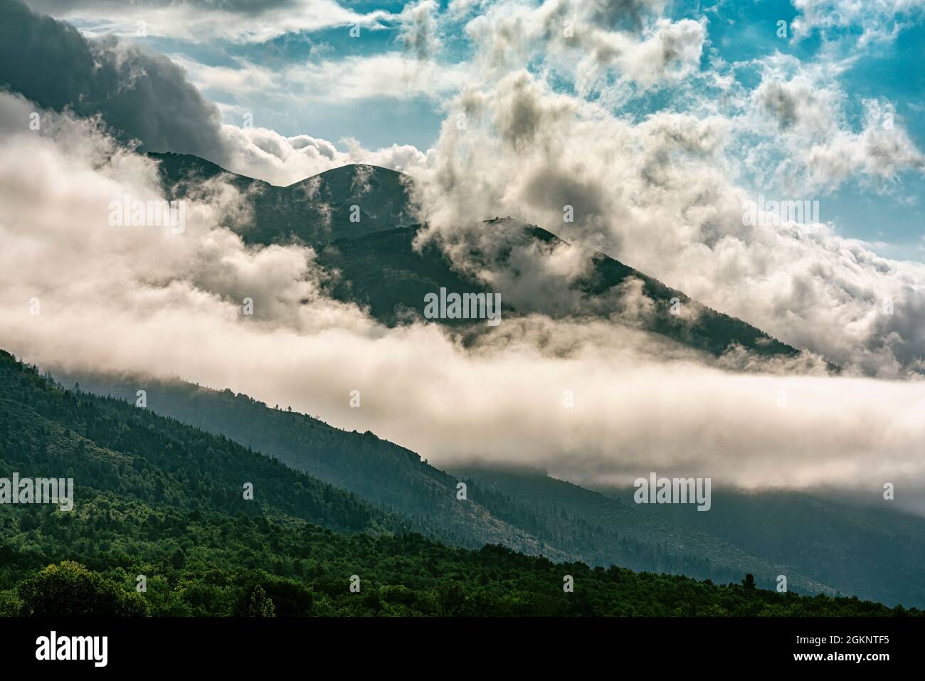 Clouds after the storm over the Morrone mountain range. Maiella National Park, Abruzzo, Italy, Europe Stock Photo