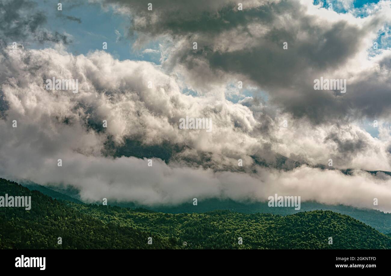 Clouds after the storm over the Morrone mountain range. Maiella National Park, Abruzzo, Italy, Europe Stock Photo