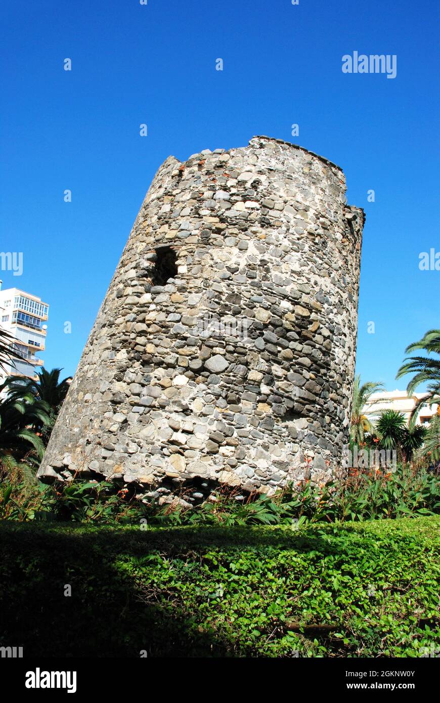 Old watchtower ruin as the Torre Ladeada, Lagos, Malaga Province, Andalusia, Spain, Western Europe. Stock Photo