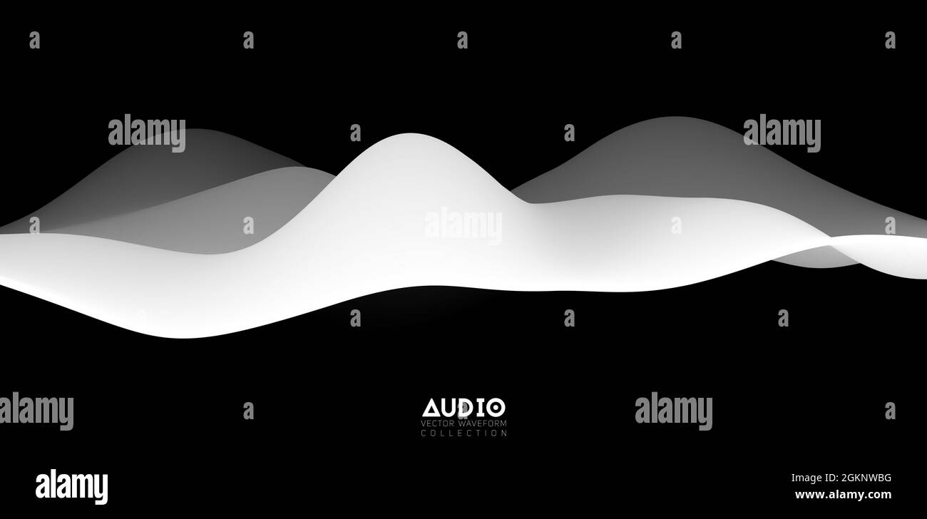 Sound wave visualiztion. 3D black and white solid waveform. Voice sample pattern. Stock Vector