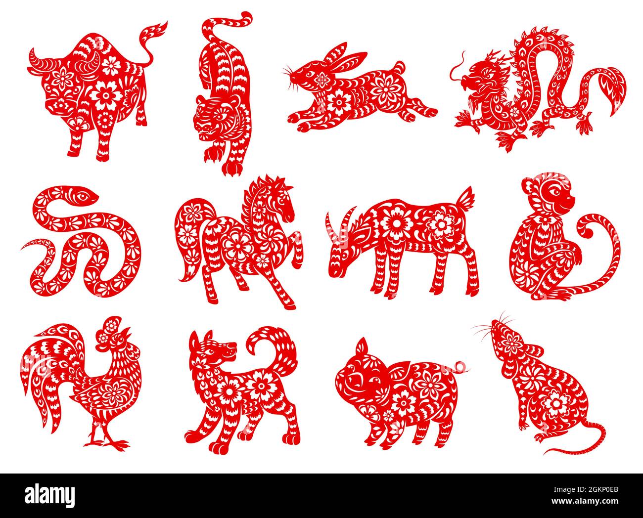 Chinese zodiac horoscope animals. Red papercut characters of lunar calendar twelve sequences vector symbols. Rat, ox, Chinese zodiac horoscope animals. Red papercut characters of lunar calendar twelve sequences vector symbols. Rat, ox,
