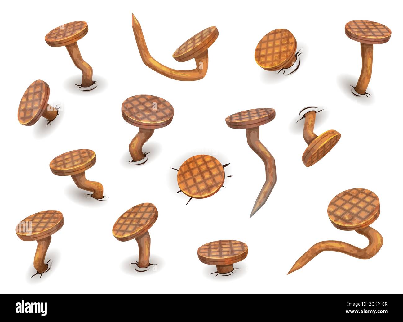 Cartoon isolated rusty bent nails and hobnails, vector icons. Nails bent by hammer with iron heads, old pins or spikes with rust, crooked or broken and curved with sharp edges Stock Vector