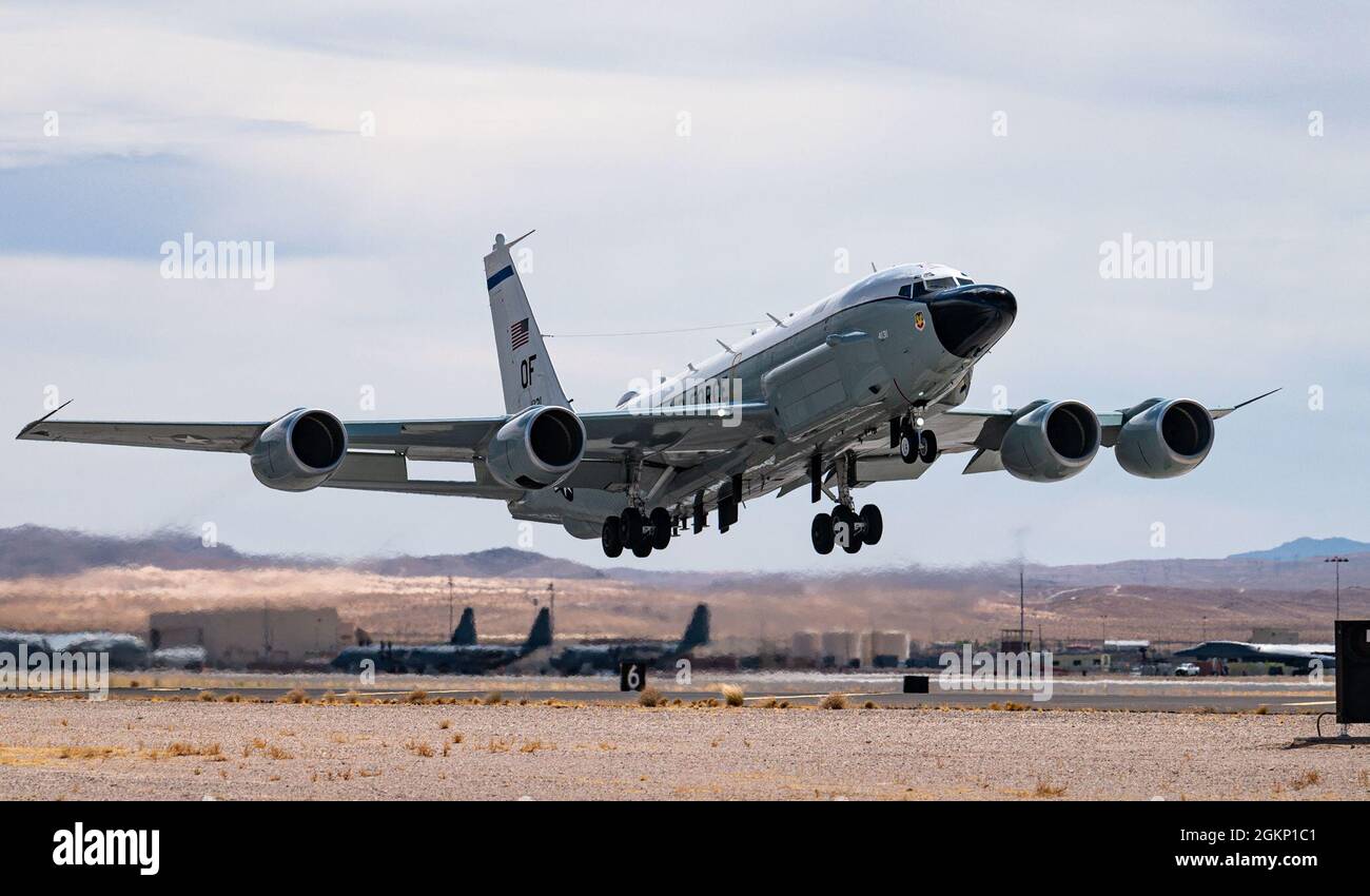An Rc-135 Rivet Joint Reconnaissance Aircraft Takes Off From Nellis Air  Force Base, During Weapons School Integration Exercise, June 9, 2021. The  Rc-135 Is An Extensively Modified C-135. The Rivet Joint's Modifications