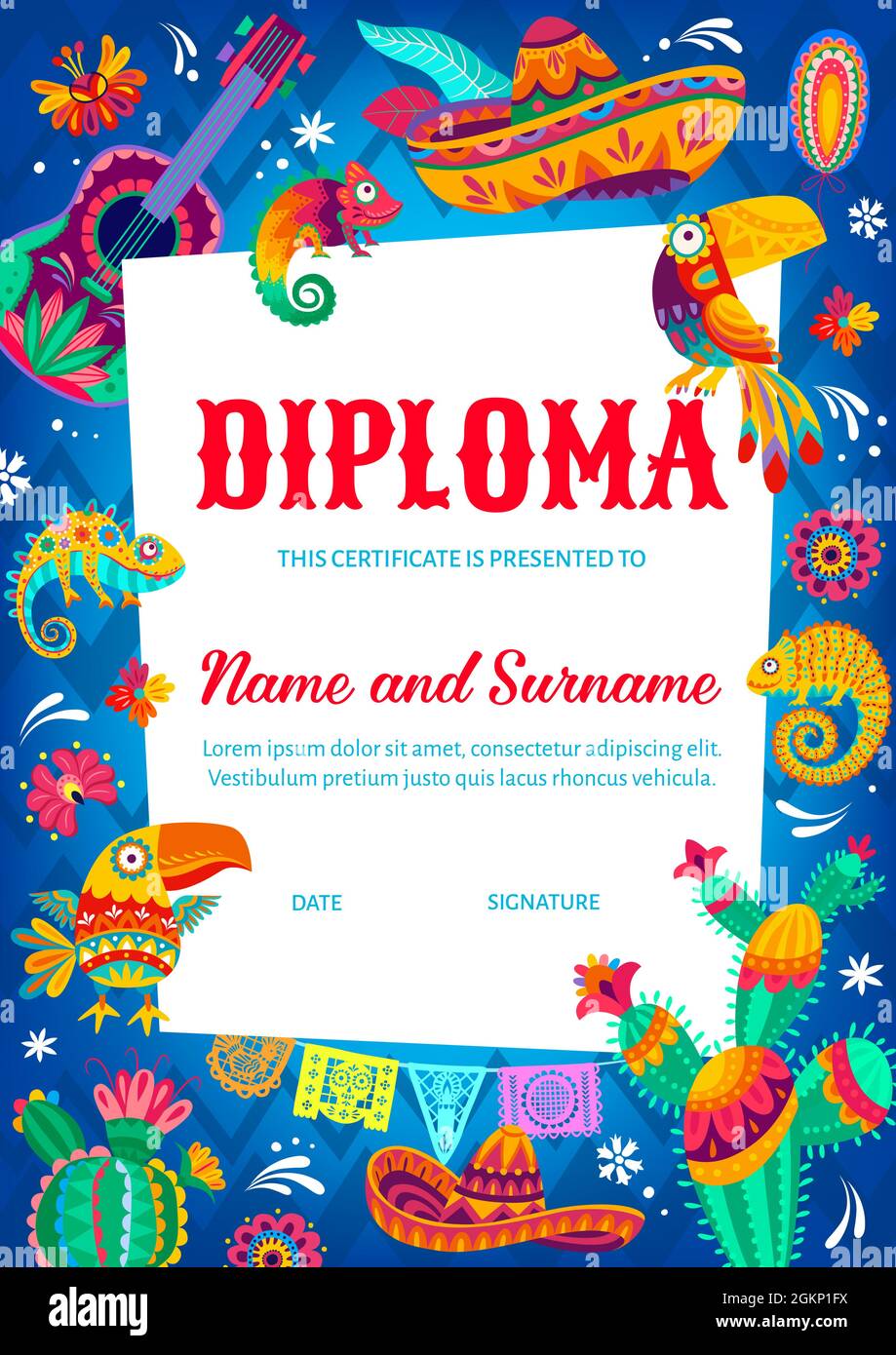 Kid diploma certificate with Mexican sombrero, flowers and chameleon, toucan, guitar and cactus
