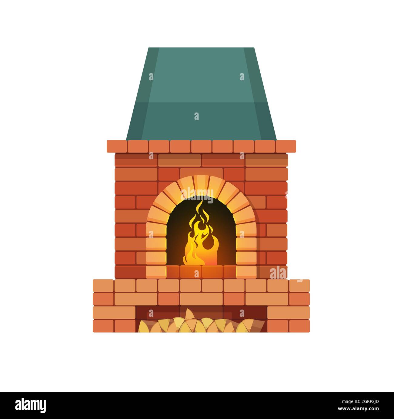 Brick fireplace with firewood and burning fire. Vector traditional style indoors chimney with place for logs. Vintage home fireside, heating system isolated on white background, cartoon hearth Stock Vector