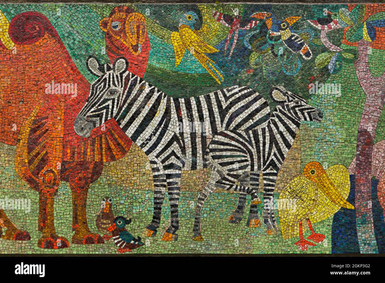 Zoological garden depicted in the street mosaic by Czech artist Radomír Kolář (1980) in Vršovice district in Prague, Czech Republic. Stock Photo