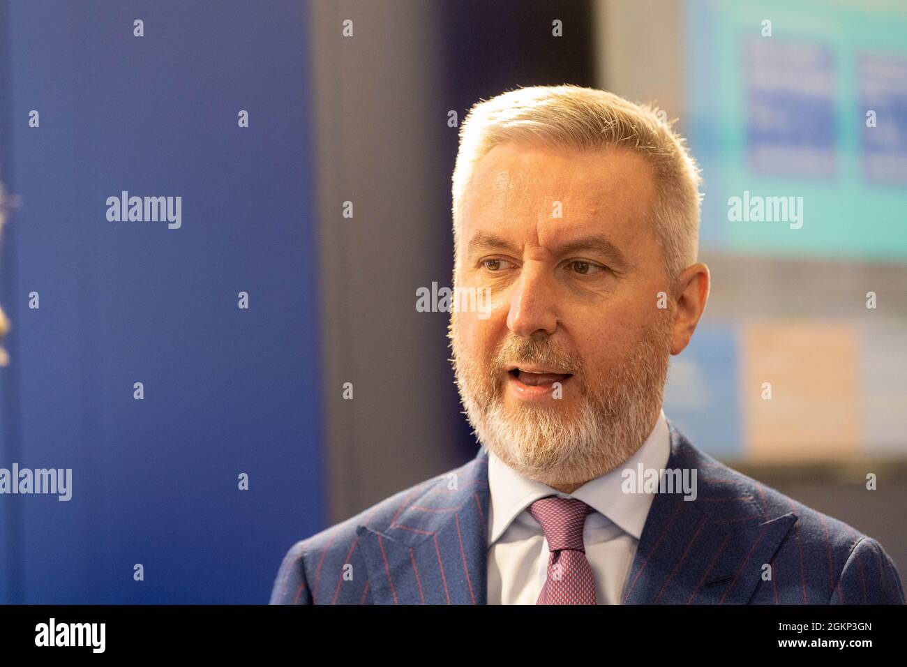 London, UK. 15th Sep, 2021. Lorenzo Guerini Italian Defence Minister visits DSEI exhibition in London Credit: Ian Davidson/Alamy Live News Stock Photo