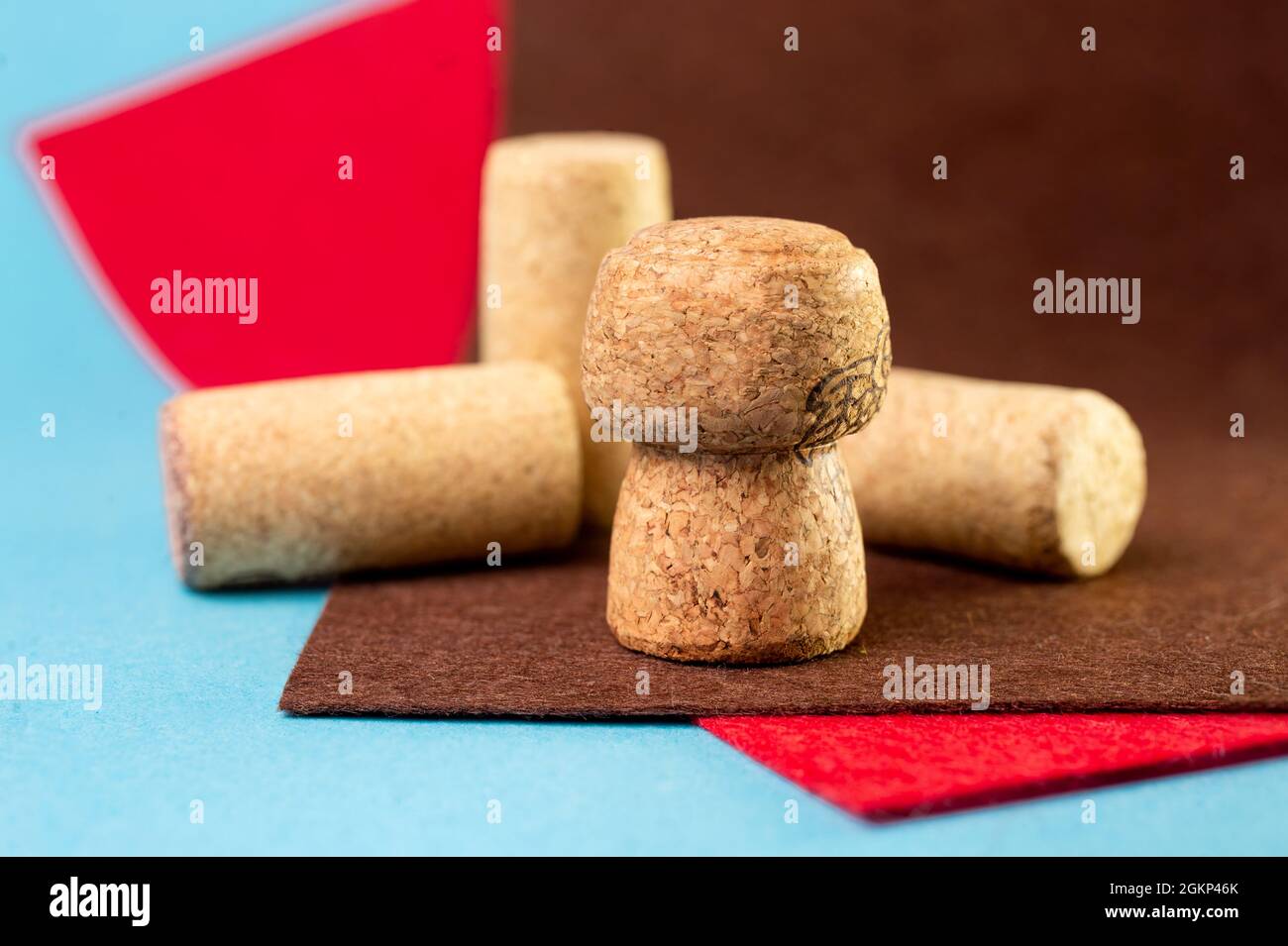 wine corks close-up on different backgrounds. Stock Photo