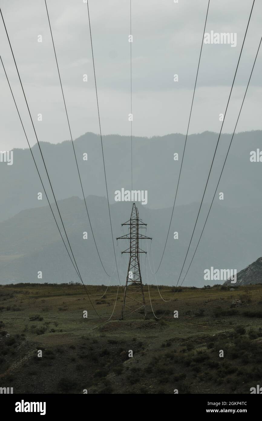 Power line in the mountains of the Altai Republic Stock Photo - Alamy
