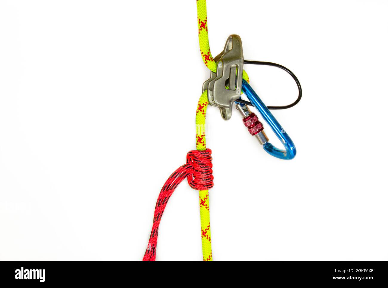 System classic dulfer using belay equipment ATC, isolated on white