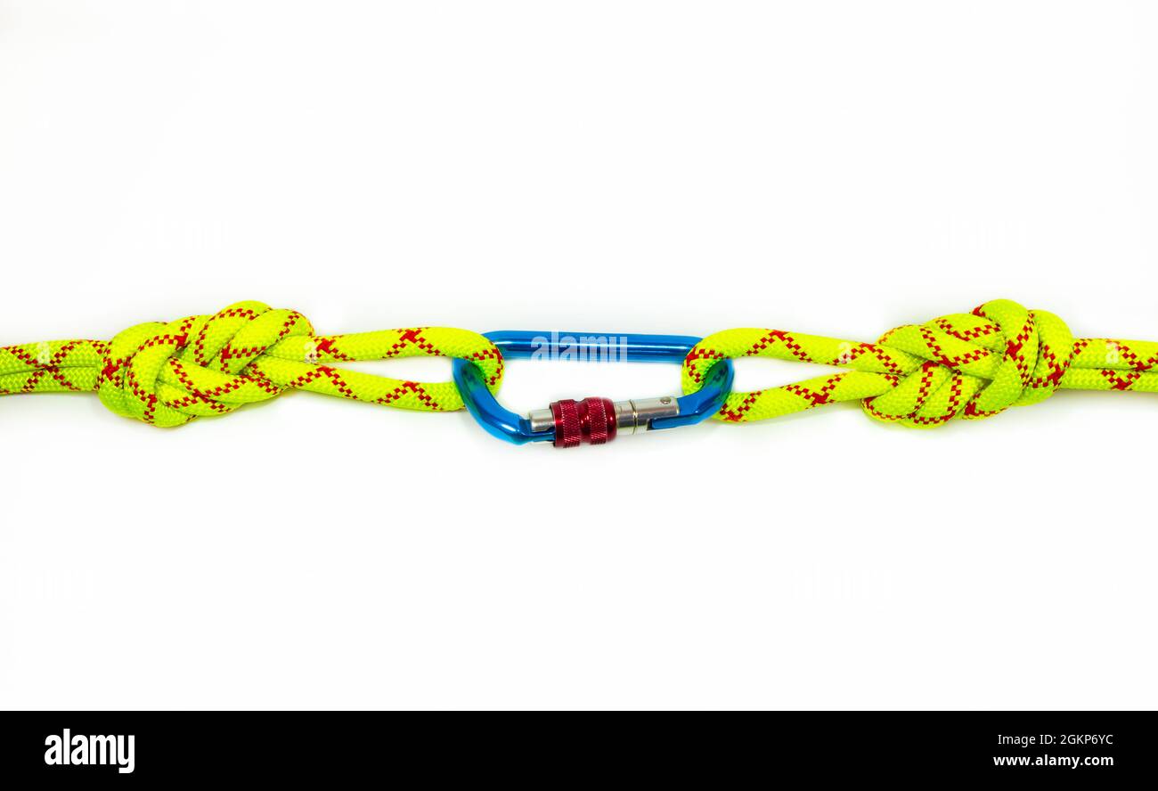double Flemish loop or figure eight 8 knot with new colored aluminum carabiner. equipment use for attaching rope to climbing harness and create a must Stock Photo