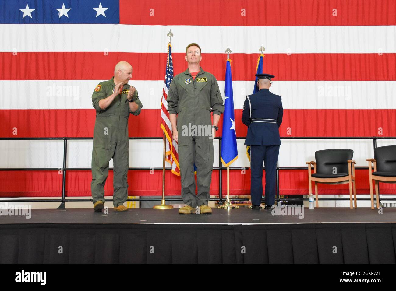 Maj. Gen. Brian Borgen, left, a former commander of the 442d Fighter Wing, officiates the general officer flag unfurling ceremony to mark the promotion of Brig. Gen. Mike Schultz, the current 442 FW commander, June 11, 2021, in the 5-Bay hangar on Whiteman Air Force Base, Mo. Schultz served under Borgen as the commander of the 476th Fighter Group at Moody Air Force Base when Borgen led the 442 FW, and again as 442 FW commander when Borgen helmed 10th Air Force. Stock Photo