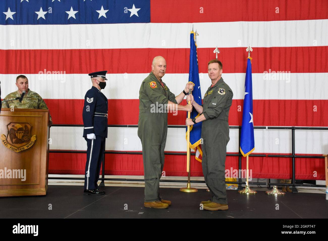 Maj. Gen. Brian Borgen, left, a former commander of the 442d Fighter Wing, officiates the general officer flag unfurling ceremony to mark the promotion of Brig. Gen. Mike Schultz, the current 442 FW commander, June 11, 2021, in the 5-Bay hangar on Whiteman Air Force Base, Mo. Schultz served under Borgen as the commander of the 476th Fighter Group at Moody Air Force Base when Borgen led the 442 FW, and again as 442 FW commander when Borgen helmed 10th Air Force. Stock Photo