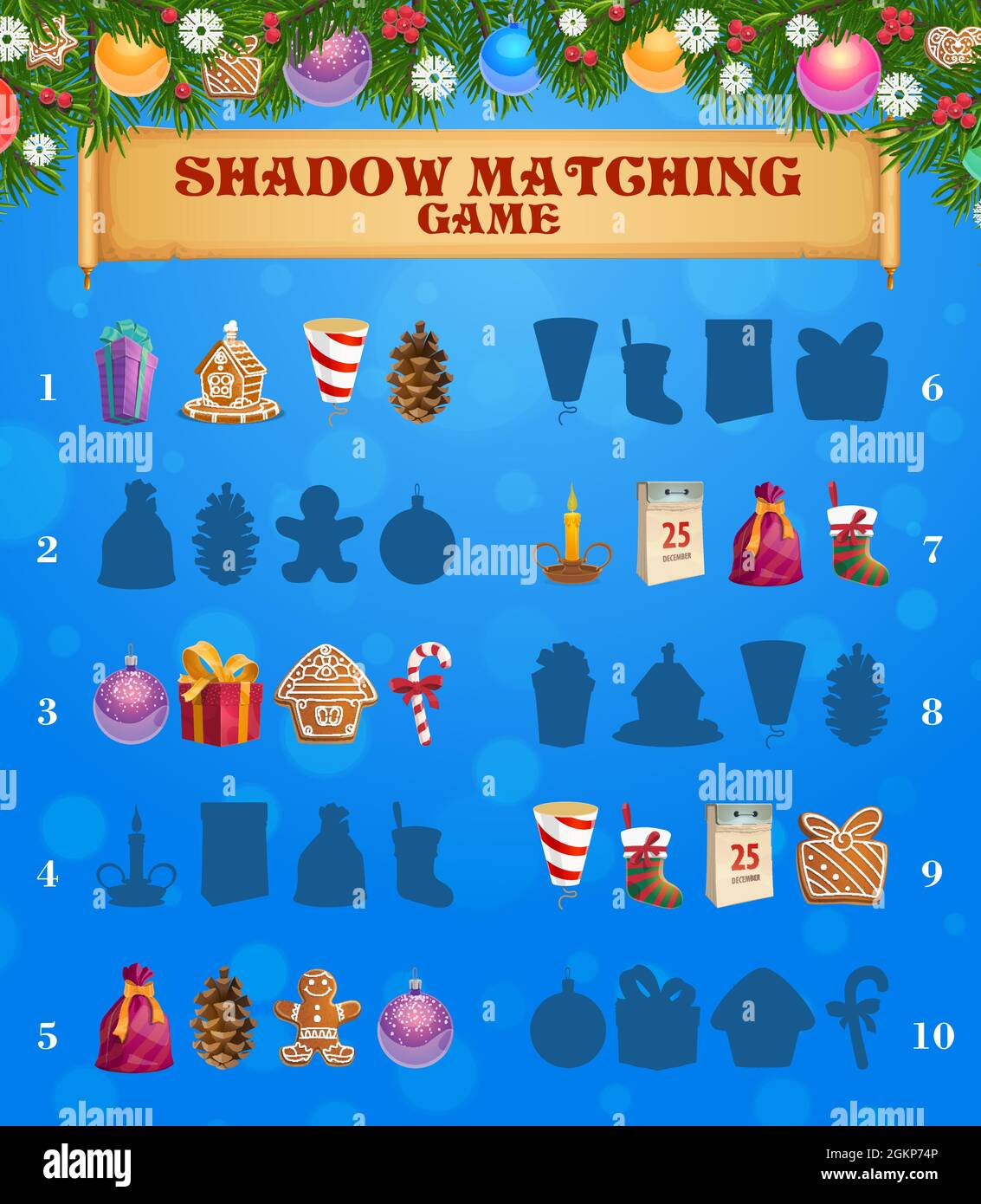 Kids game shadow matching with christmas sweets and decoration