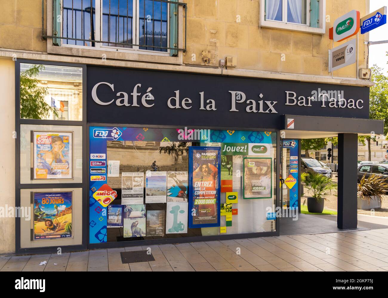 Le Havre, France - August 8, 2021: Street bar and kiosk Cafe de la paix at Le Havre, Normandy Stock Photo
