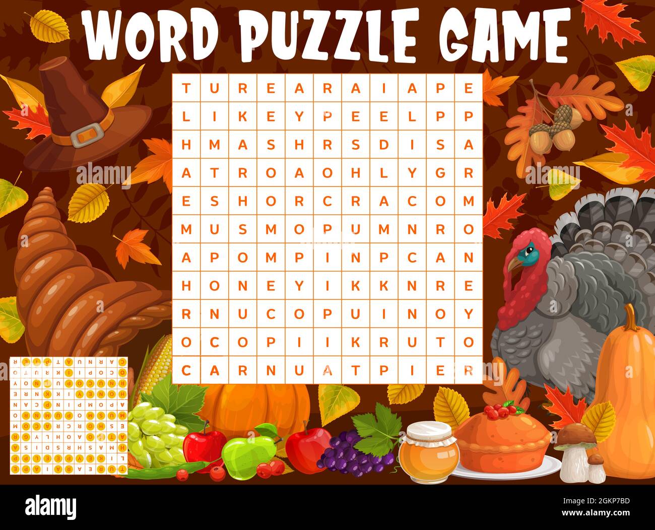 Thanksgiving turkey, harvest and autumnal leaves, word search puzzle,  vector game worksheet. Kids quiz grid to